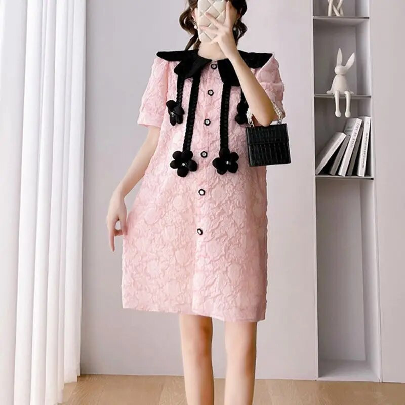 Nėščioms skirtos suknelės Drabužiai nėščioms moterims Madinga lėlės apykaklė Rožinė Sweet Flower Didelio dydžio suknelės Rodyti ploną nėštumo suknelę