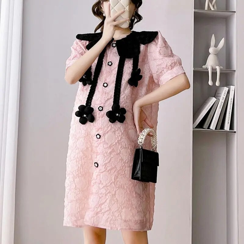 Nėščioms skirtos suknelės Drabužiai nėščioms moterims Madinga lėlės apykaklė Rožinė Sweet Flower Didelio dydžio suknelės Rodyti ploną nėštumo suknelę