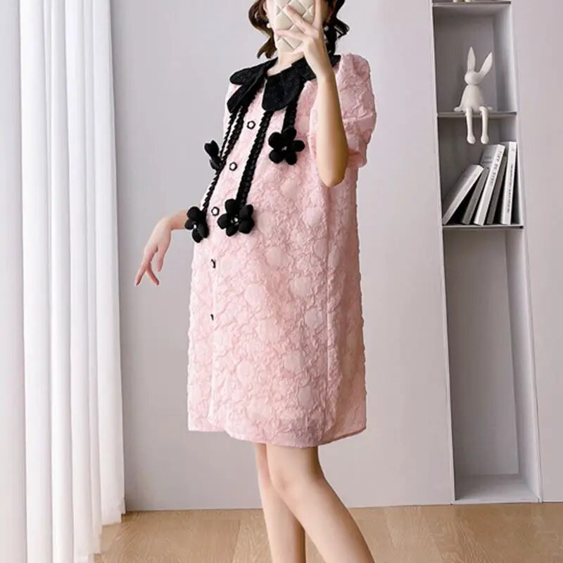 Nėščioms skirtos suknelės Drabužiai nėščioms moterims Madinga lėlės apykaklė Rožinė Sweet Flower Didelio dydžio suknelės Rodyti ploną nėštumo suknelę