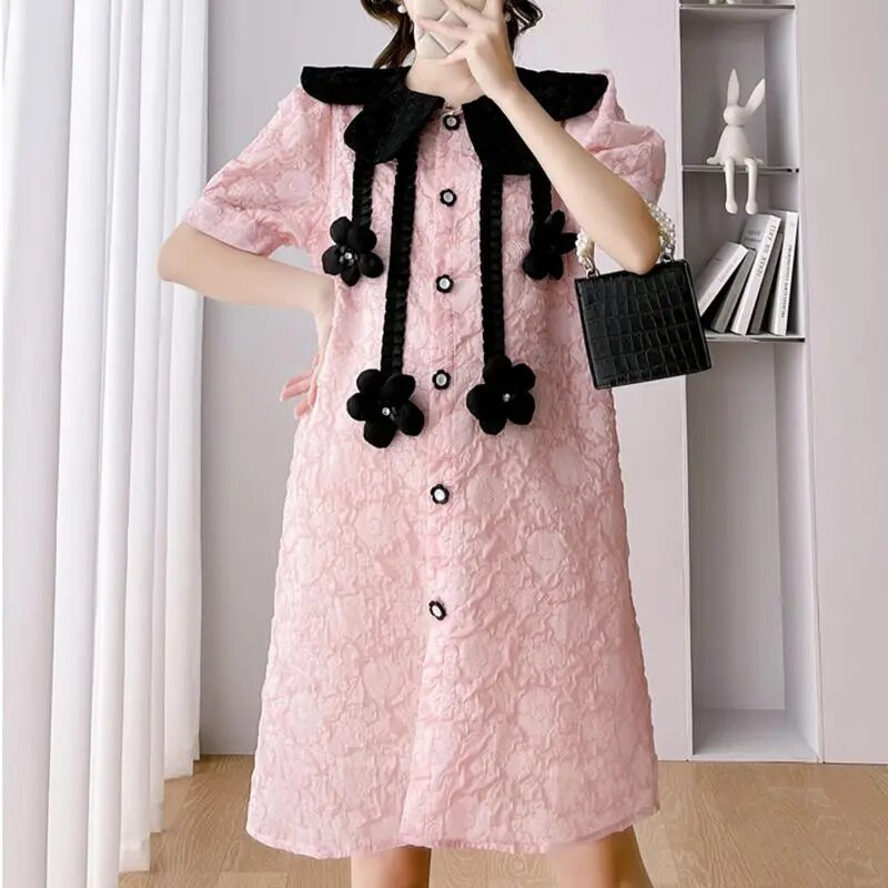 Nėščioms skirtos suknelės Drabužiai nėščioms moterims Madinga lėlės apykaklė Rožinė Sweet Flower Didelio dydžio suknelės Rodyti ploną nėštumo suknelę