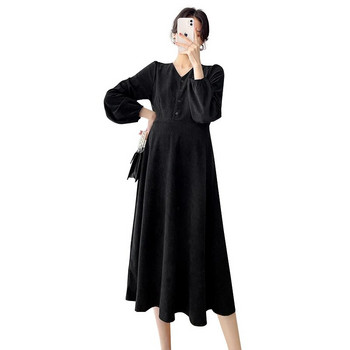 Есенни и зимни дрехи за бременни жени Ризи от рипсено кадифе с дълги ръкави Рокли за офис дами Елегантна рокля за бременни Черно каки
