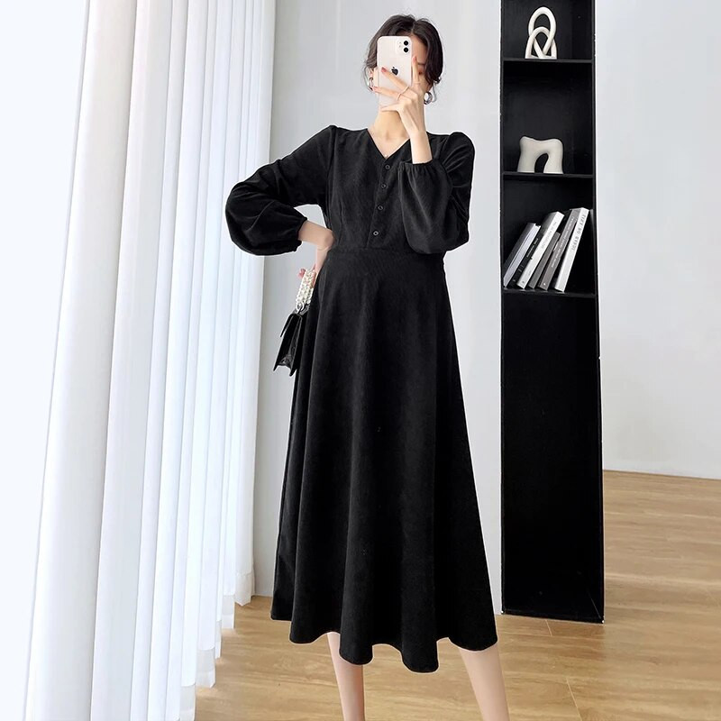 Rudens ir žiemos nėščioms moterims drabužiai ilgomis rankovėmis velvetiniai marškiniai biuro moteriškos suknelės Elegantiška nėščiųjų suknelė juoda chaki spalvos