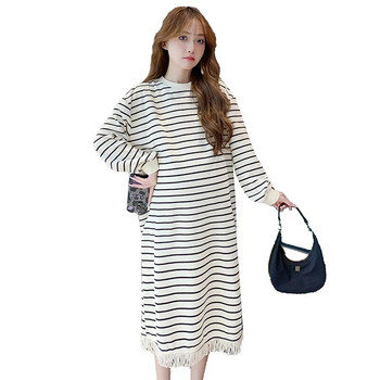 Раирана рокля с дълги ръкави за бременни Пролет и есен Свободна ежедневна права рокля с пискюли за бременни Плетени дрехи