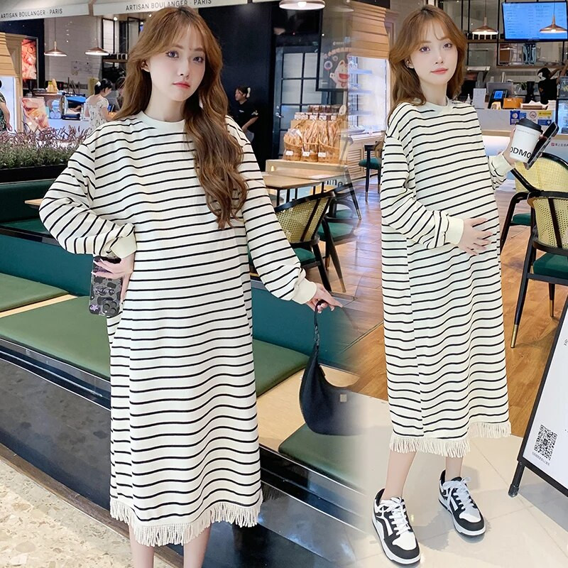 Suknelė ilgomis rankovėmis dryžuota nėščiosioms Pavasarį ir rudenį laisva laisvalaikio kutais apvadu nėščiųjų tiesi suknelė Megzti drabužiai