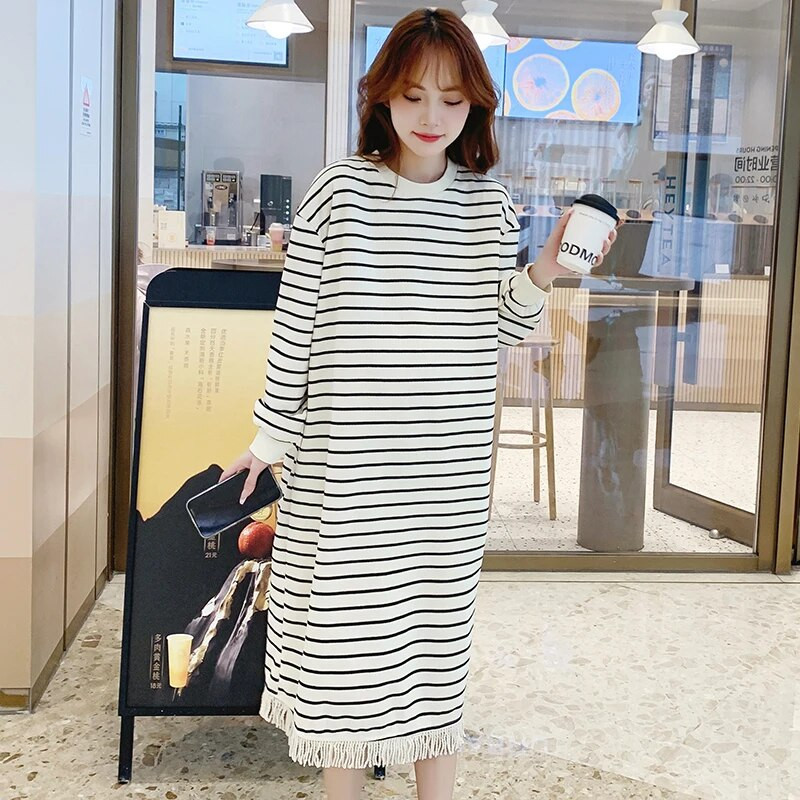 Suknelė ilgomis rankovėmis dryžuota nėščiosioms Pavasarį ir rudenį laisva laisvalaikio kutais apvadu nėščiųjų tiesi suknelė Megzti drabužiai