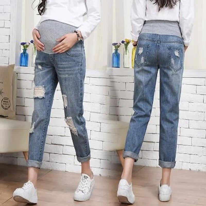 Džinsinės nėščiosios kelnės Madingi „Broken Hole“ džinsai nėščioms moterims pavasario rudens elastinga juosmens pilvo kelnės Nėštumo drabužiai