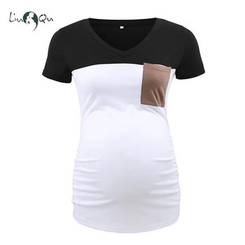 Дамски ежедневни горнища за бременни, удобни дрехи, къс ръкав, V-образно деколте, розово цветно блокче Тениска за бременни с джоб Mama Pregnant Tee