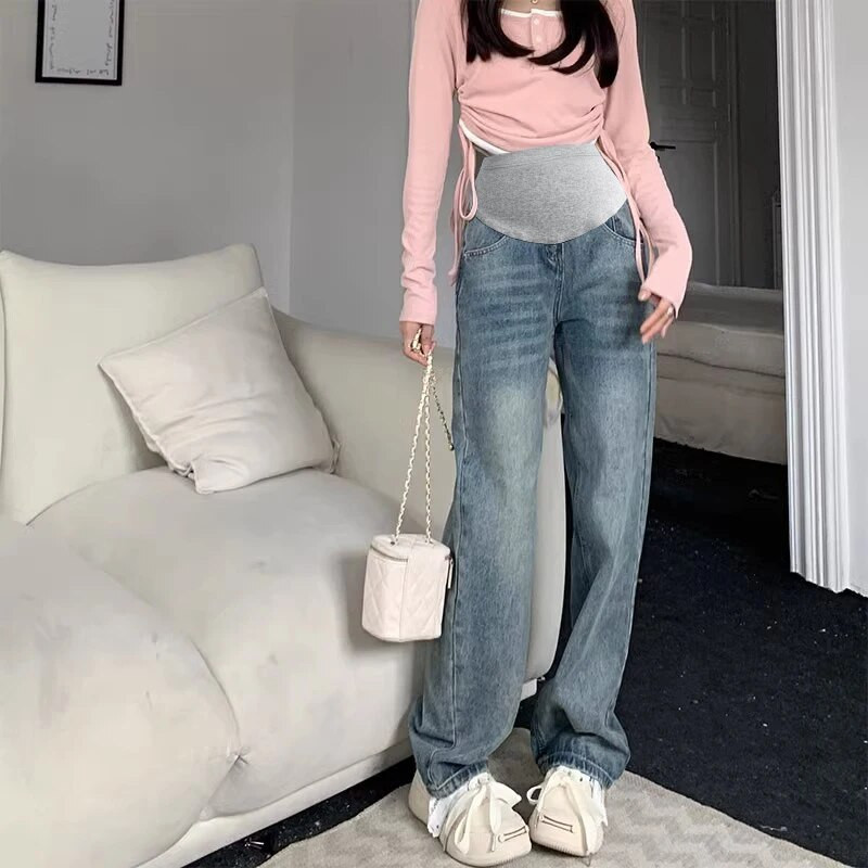 2023 m. madingos laisvos tiesios kojos aukštu juosmeniu nėščioms moteriškos džinsinės kelnės rudens didelio dydžio džinsai nėščiosioms plačios kelnės