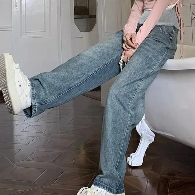 2023 m. madingos laisvos tiesios kojos aukštu juosmeniu nėščioms moteriškos džinsinės kelnės rudens didelio dydžio džinsai nėščiosioms plačios kelnės