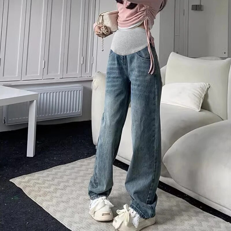 2023 m. madingos laisvos tiesios kojos aukštu juosmeniu nėščioms moteriškos džinsinės kelnės rudens didelio dydžio džinsai nėščiosioms plačios kelnės