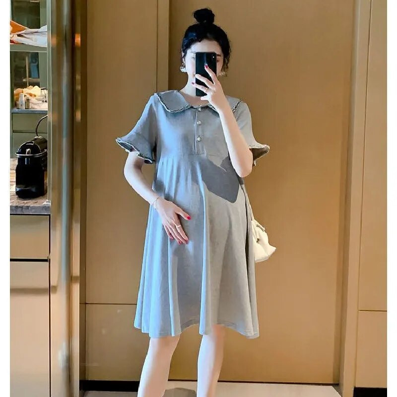 Vasaros nėščiųjų Suknelės Nėščioms Laisvalaikio Drabužiai Nėštumo atvartais Suknelė Vienspalviai Marškinėliai trumpomis rankovėmis Moteriškas Sijonas