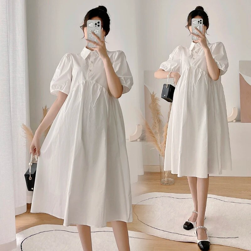 2024 m. Vasaros apverčiama apykakle su pūstomis rankovėmis nėščioms moterims vienspalvė suknelė aukštu juosmeniu Biuro moteriška elegantiška suknelė Motiniški drabužiai