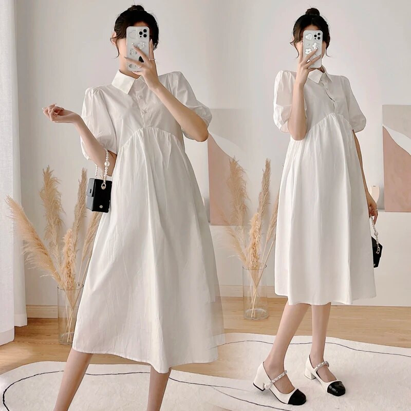 2024 m. Vasaros apverčiama apykakle su pūstomis rankovėmis nėščioms moterims vienspalvė suknelė aukštu juosmeniu Biuro moteriška elegantiška suknelė Motiniški drabužiai