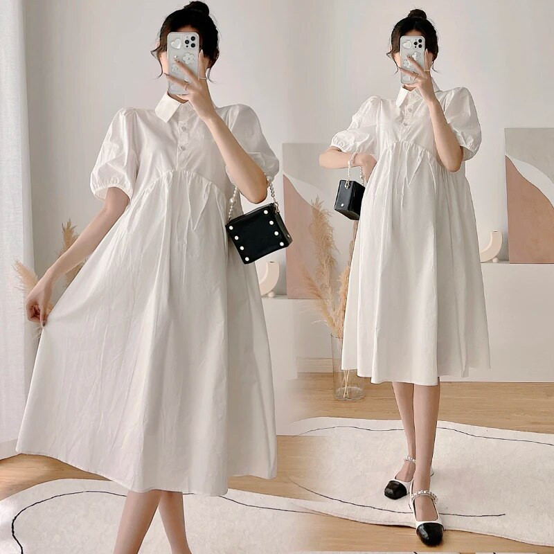 2024 m. Vasaros apverčiama apykakle su pūstomis rankovėmis nėščioms moterims vienspalvė suknelė aukštu juosmeniu Biuro moteriška elegantiška suknelė Motiniški drabužiai