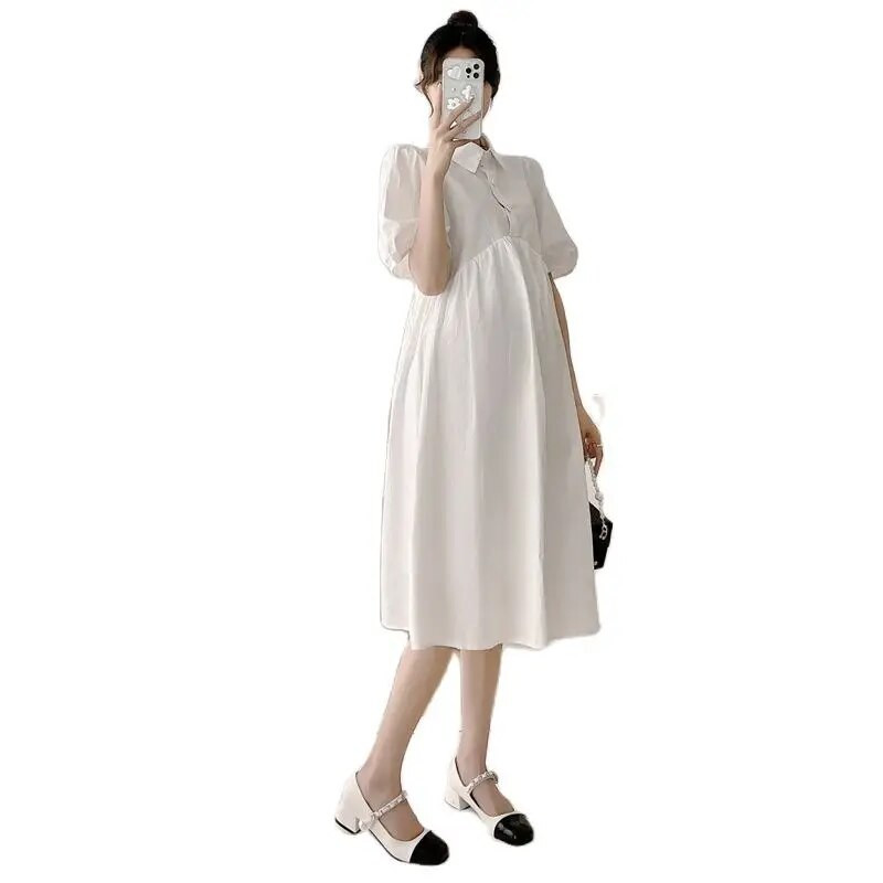 2024 m. Vasaros apverčiama apykakle su pūstomis rankovėmis nėščioms moterims vienspalvė suknelė aukštu juosmeniu Biuro moteriška elegantiška suknelė Motiniški drabužiai