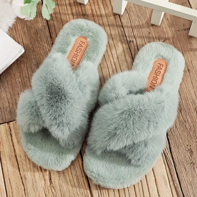 Moda femei papuci pufosi calduroase confortabili din blană artificială încrucișată tobogane de podea pentru interior plat moale și blană pentru femei celebrități șlapi