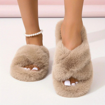 2023 Papuci pufosi cu bandă încrucișată cu blană, papuci confortabili, cu vârf deschis, pantofi de casă de pluș, confortabili, calduri, sandale pentru femei, iarnă