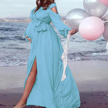 Елегантна вечерна парти рокля за бременни с дълъг ръкав, V-образно деколте, тънка макси рокля за бременни за фотосесия Рокля за фотосесия Baby Shower Photo Props Dress