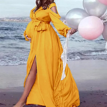 Κομψή φόρεμα βραδινού πάρτι εγκυμοσύνης Μακρύ μανίκι V λαιμόκοψη μάξι φόρεμα για Photoshoot Baby Shower Photo Props Φόρεμα