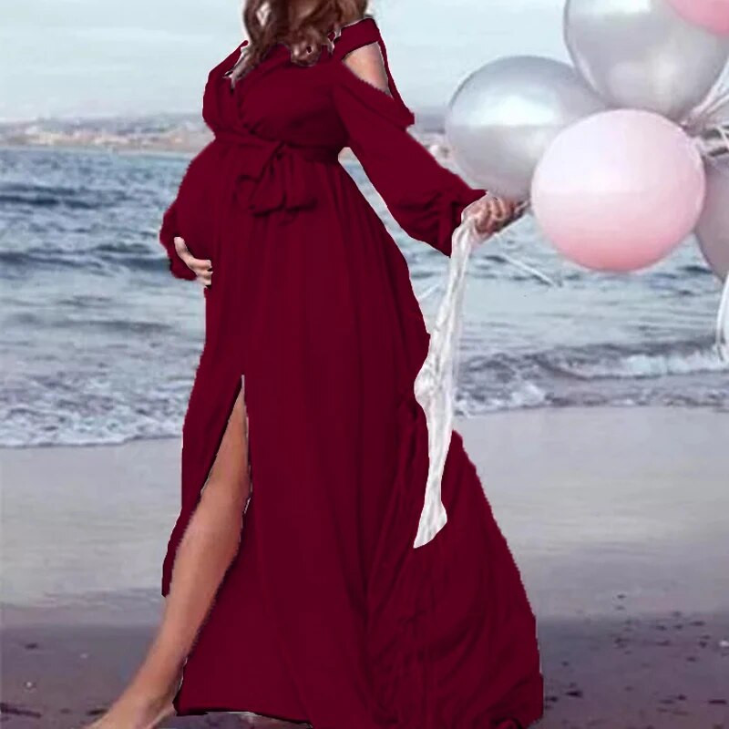 Elegantiška nėščiųjų vakarėlio suknelė ilgomis rankovėmis V kaklu, plona maksimali nėščioji suknelė, skirta fotosesijai kūdikių vakarėliui.