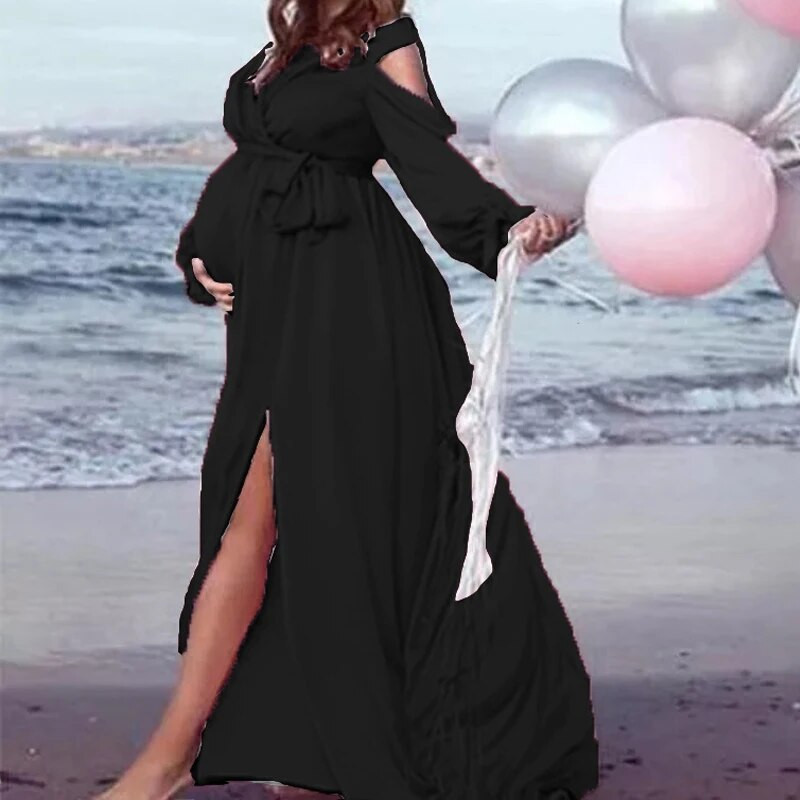 Elegantiška nėščiųjų vakarėlio suknelė ilgomis rankovėmis V kaklu, plona maksimali nėščioji suknelė, skirta fotosesijai kūdikių vakarėliui.