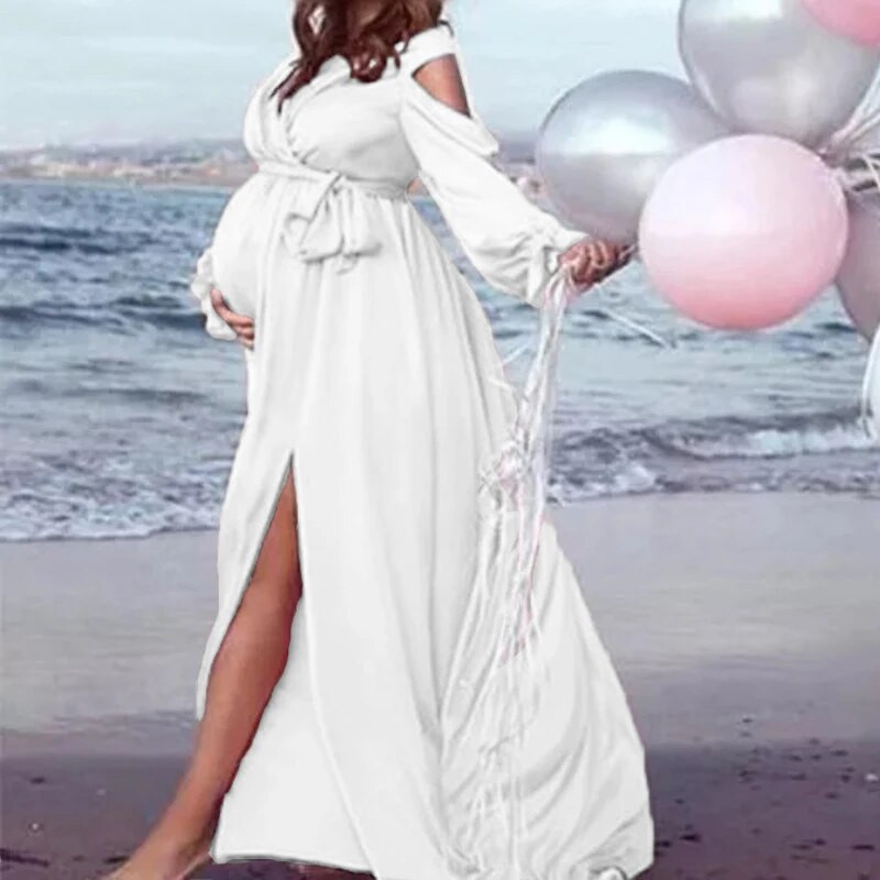 Elegantiška nėščiųjų vakarėlio suknelė ilgomis rankovėmis V kaklu, plona maksimali nėščioji suknelė, skirta fotosesijai kūdikių vakarėliui.