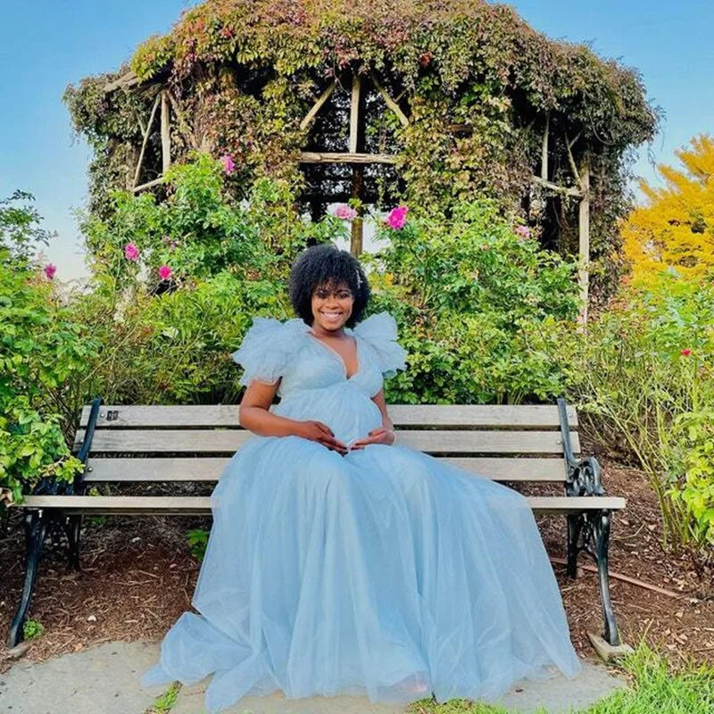 Suknelė nėščiai moteriai V kaklo marlė plaukiojanti ant pečių Maxi fotografijos suknelė Kūdikių dušo fotosesijos sesija