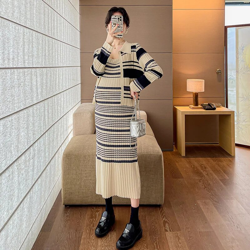 2 vnt. Nėščiųjų megzta suknelė 2023 m. Nauji rudens žiemos drabužiai nėščioms moterims dryžuota liemenė ir megztinis megztinis nėščiosioms