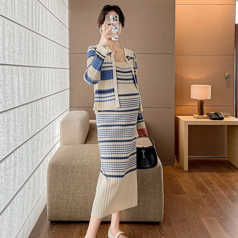 2 vnt. Nėščiųjų megzta suknelė 2023 m. Nauji rudens žiemos drabužiai nėščioms moterims dryžuota liemenė ir megztinis megztinis nėščiosioms