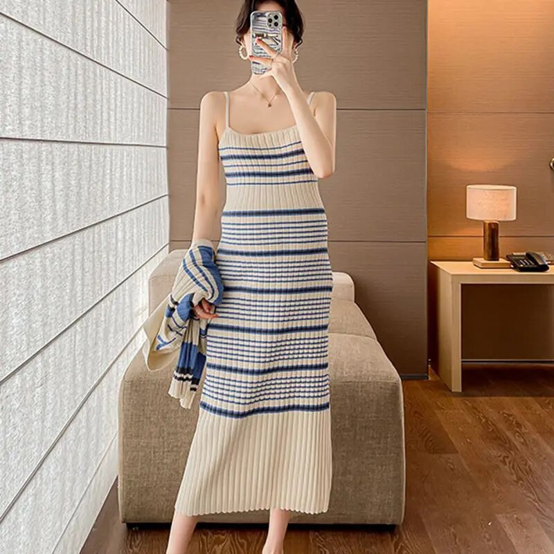 2 vnt. Nėščiųjų megzta suknelė 2023 m. Nauji rudens žiemos drabužiai nėščioms moterims dryžuota liemenė ir megztinis megztinis nėščiosioms