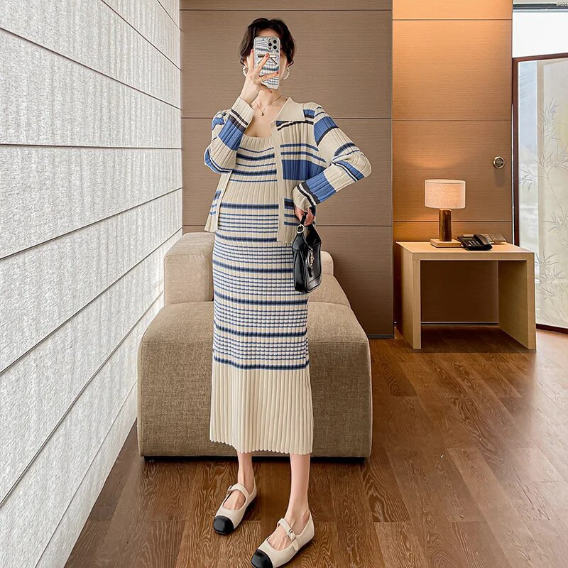 2 vnt. Nėščiųjų megzta suknelė 2023 m. Nauji rudens žiemos drabužiai nėščioms moterims dryžuota liemenė ir megztinis megztinis nėščiosioms