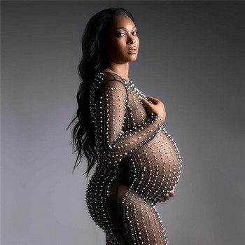 Σέξι φορέματα φωτογραφιών εγκυμοσύνης με χάντρες με μαργαριτάρι στρας φόρεμα σκοποβολής εγκυμοσύνης Μακρύ φόρεμα φωτογραφίας για έγκυες γυναίκες με μπικίνι