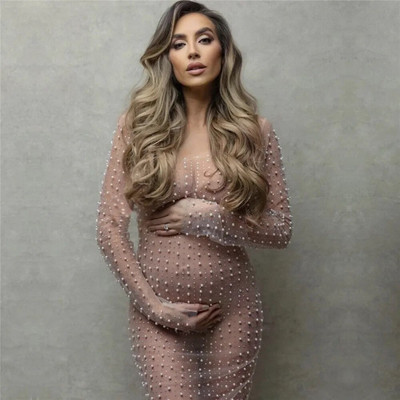 Σέξι φορέματα φωτογραφιών εγκυμοσύνης με χάντρες με μαργαριτάρι στρας φόρεμα σκοποβολής εγκυμοσύνης Μακρύ φόρεμα φωτογραφίας για έγκυες γυναίκες με μπικίνι