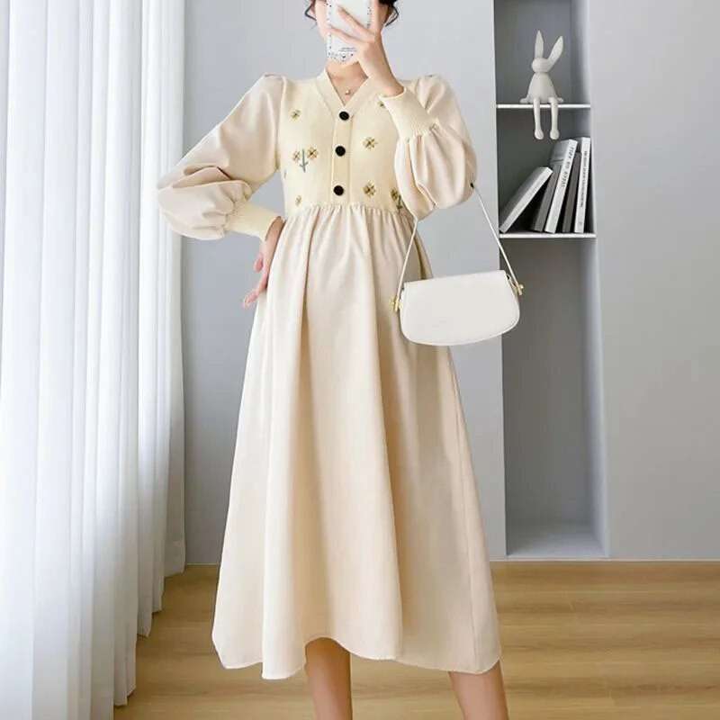 Suknelės nėščiosioms rudens žieminiai drabužiai nėščiosioms madingi siuvinėjimai, susiuvimai, maitinantys krūtimi, suknelė Nėštumo Vestidos