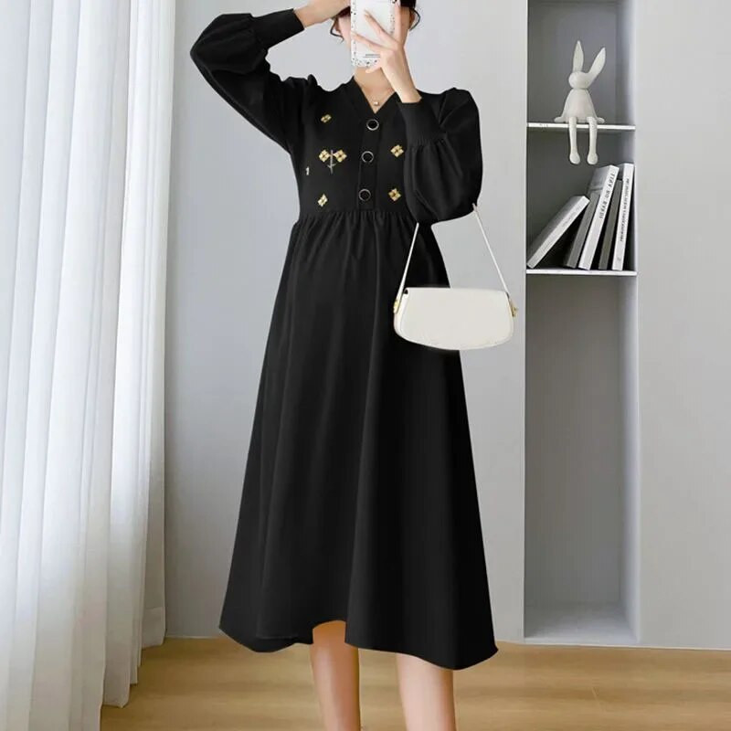 Suknelės nėščiosioms rudens žieminiai drabužiai nėščiosioms madingi siuvinėjimai, susiuvimai, maitinantys krūtimi, suknelė Nėštumo Vestidos