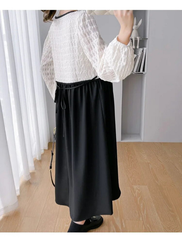 Elegantiška nėščios moters suknelė rudeniui ilgomis rankovėmis V formos iškirpte, nėriniuota aukštu juosmeniu Motinystės suknelė Nėštumo drabužiai