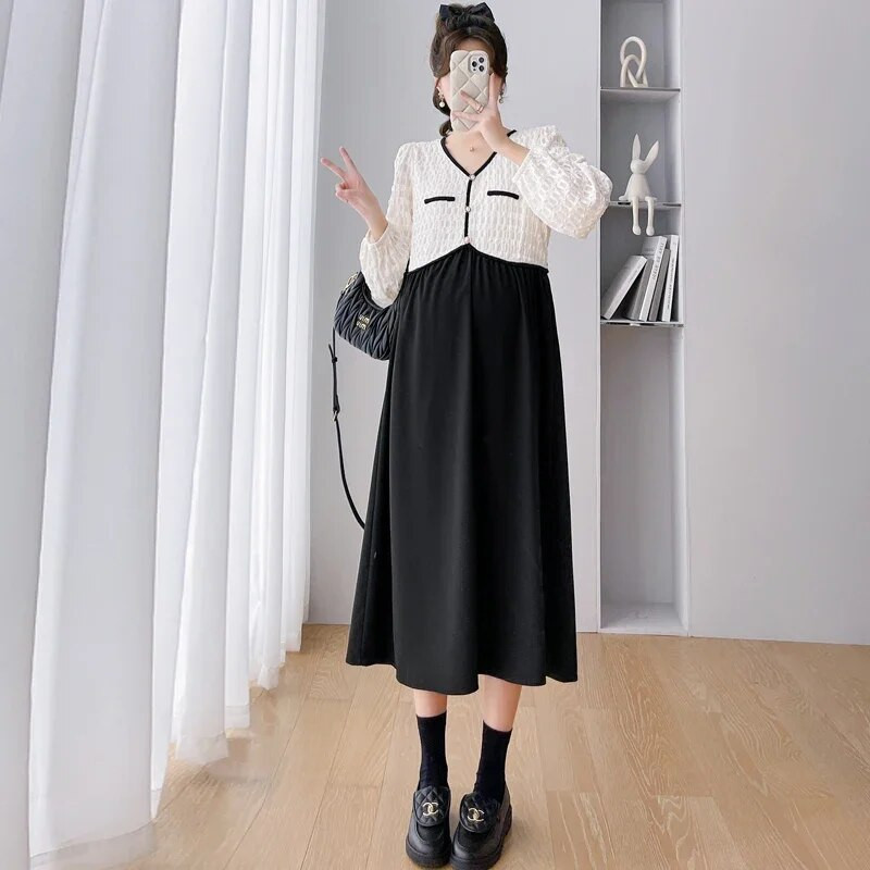 Elegantiška nėščios moters suknelė rudeniui ilgomis rankovėmis V formos iškirpte, nėriniuota aukštu juosmeniu Motinystės suknelė Nėštumo drabužiai