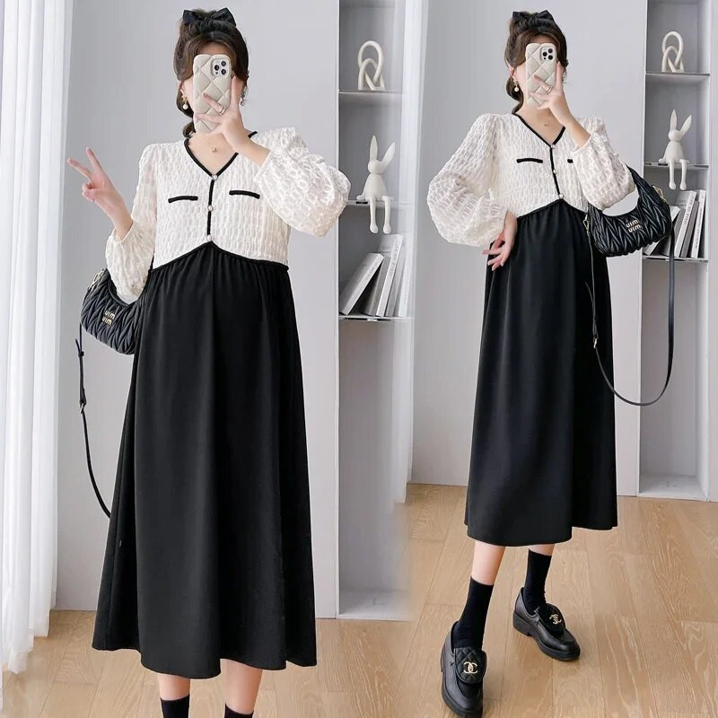 Elegantiška nėščios moters suknelė rudeniui ilgomis rankovėmis V formos iškirpte, nėriniuota aukštu juosmeniu Motinystės suknelė Nėštumo drabužiai