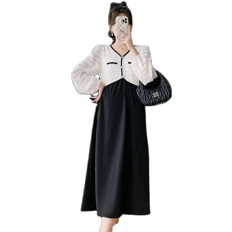 Elegantiška nėščios moters suknelė rudeniui ilgomis rankovėmis V formos iškirpte, nėriniuota aukštu juosmeniu Motinystės suknelė Nėštumo drabužiai