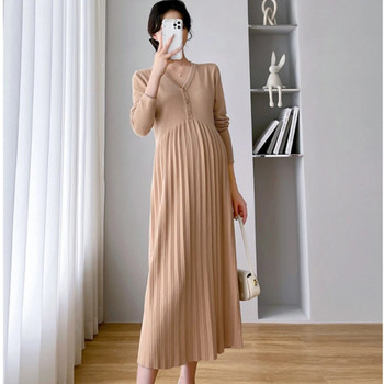 Корейско облекло за бременни жени, плетена рокля, есенна едноцветна рокля за бременни с дълъг ръкав, прав пуловер, рокля за бременни