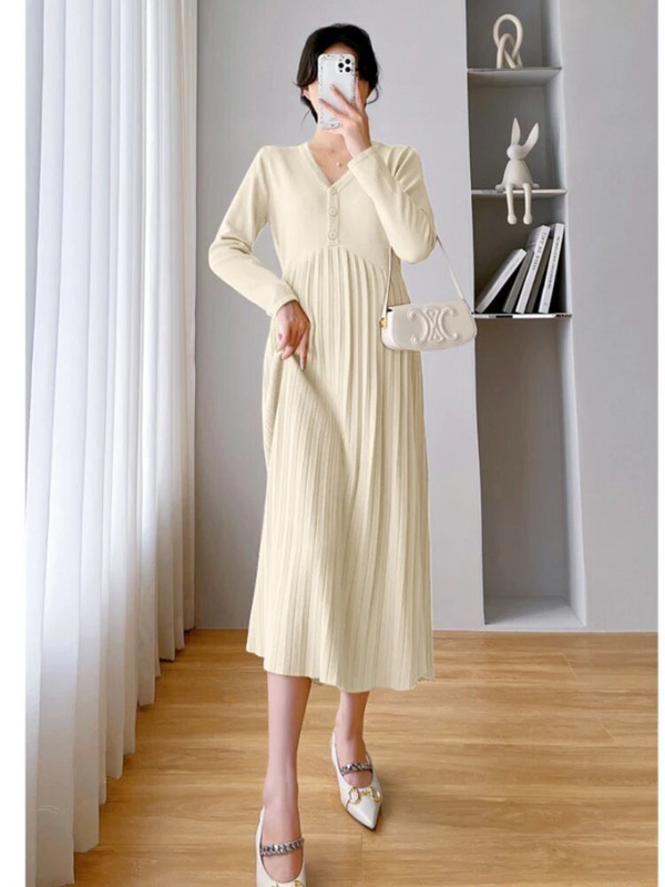 Korėjos nėščių moterų drabužiai Megzta suknelė rudens vienspalvė suknelė ilgomis rankovėmis nėščiosioms Tiesus megztinis nėštumo suknelė