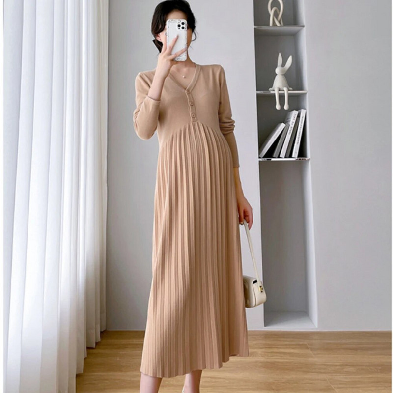 Korėjos nėščių moterų drabužiai Megzta suknelė rudens vienspalvė suknelė ilgomis rankovėmis nėščiosioms Tiesus megztinis nėštumo suknelė