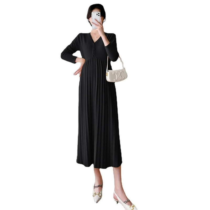 Korėjos nėščių moterų drabužiai Megzta suknelė rudens vienspalvė suknelė ilgomis rankovėmis nėščiosioms Tiesus megztinis nėštumo suknelė