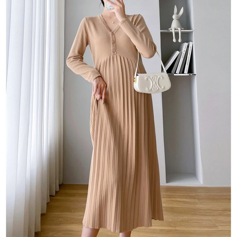 Korėjos nėščių moterų drabužiai Megzta suknelė rudens vienspalvė suknelė ilgomis rankovėmis nėščiosioms Tiesus megztinis nėštumo suknelė