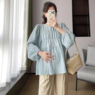 Cămașă largi pentru păpuși cu mânecă cu bule pentru femei însărcinate Bluză de maternitate cu mâneci lungi cu gâtul în formă de O Tricouri pentru sarcină de dimensiuni mari Cămăși plisate