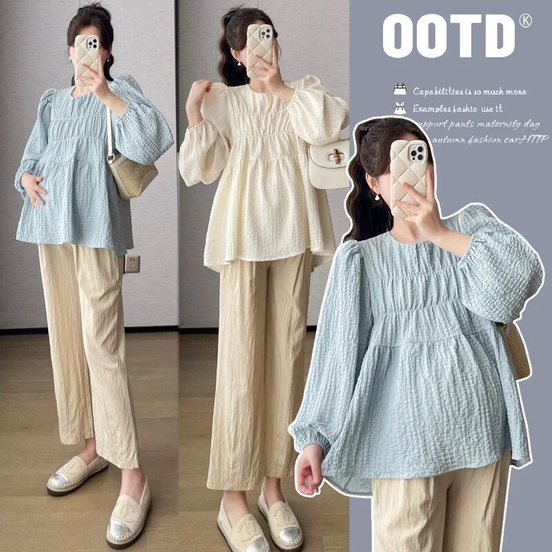 Cămașă largi pentru păpuși cu mânecă cu bule pentru femei însărcinate Bluză de maternitate cu mâneci lungi cu gâtul în formă de O Tricouri pentru sarcină de dimensiuni mari Cămăși plisate