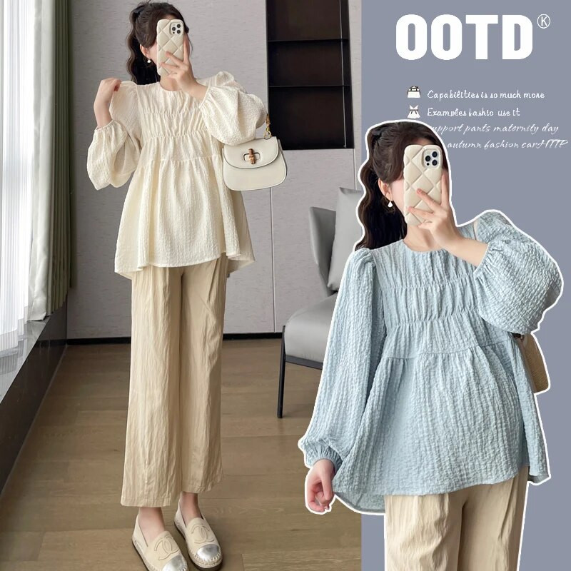 Cămașă largi pentru păpuși cu mânecă cu bule pentru femei însărcinate Bluză de maternitate cu mâneci lungi cu gâtul în formă de O Tricouri pentru sarcină de dimensiuni mari Cămăși plisate