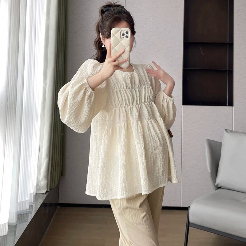 Cămașă largi pentru păpuși cu mânecă cu bule pentru femei însărcinate Bluză de maternitate cu mâneci lungi cu gâtul în formă de O Tricouri pentru sarcină de dimensiuni mari Cămăși plisate