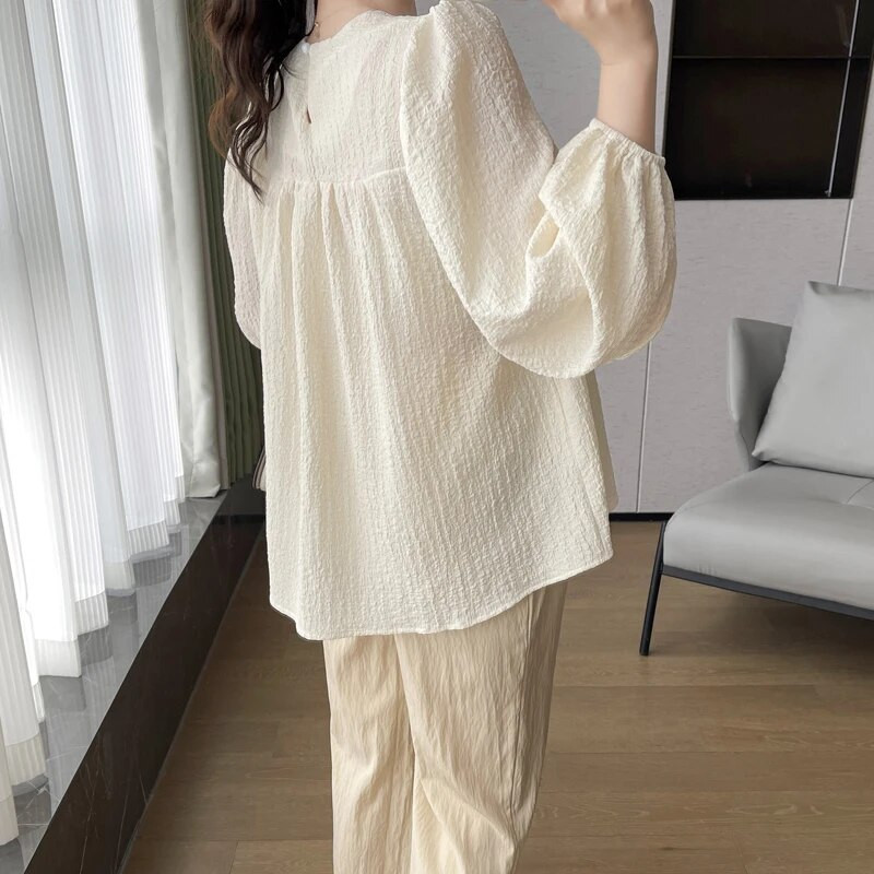 Cămașă largi pentru păpuși cu mânecă cu bule pentru femei însărcinate Bluză de maternitate cu mâneci lungi cu gâtul în formă de O Tricouri pentru sarcină de dimensiuni mari Cămăși plisate