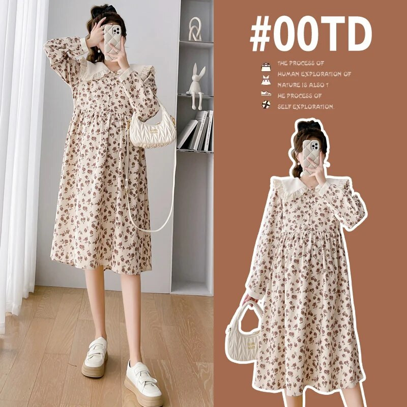 Rudens žiema nėščioms moterims Velvetinės suknelės Saldžios nėriniuotos Peter Pan apykaklė ilgomis rankovėmis aukštu juosmeniu Motinystės gėlėta suknelė